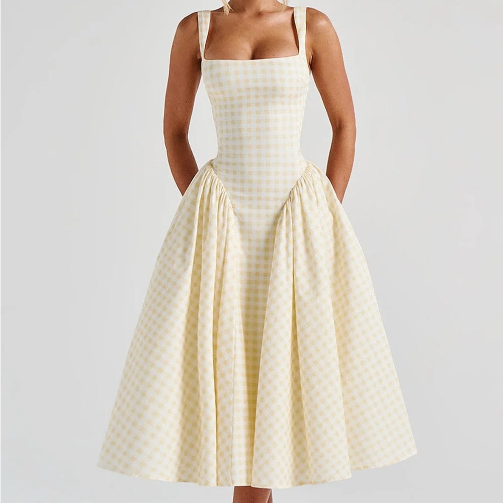 Cream Pleated Maxi Dress Square Neck Sleeveless
